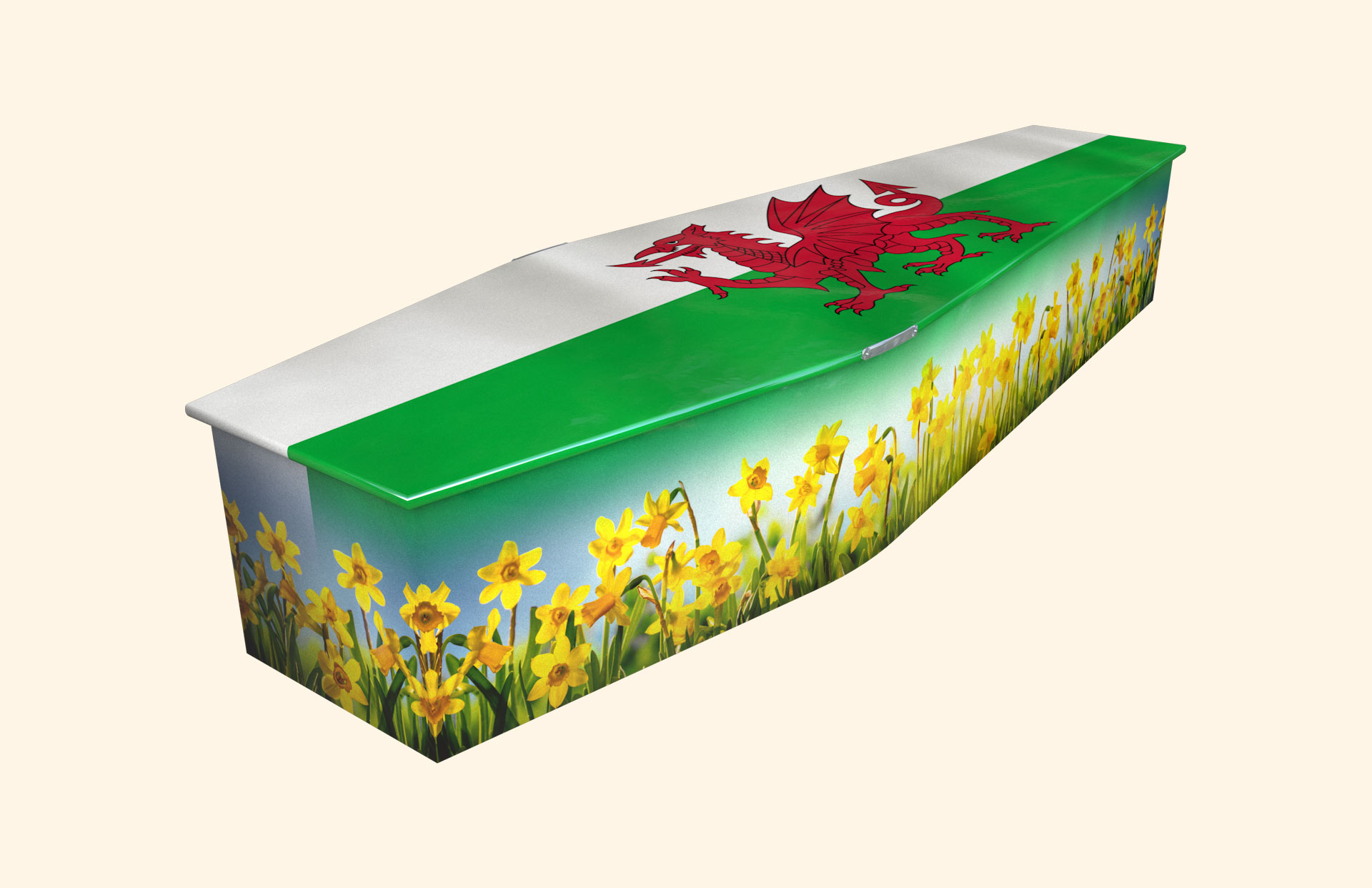 Cymru Am Byth design on a traditional coffin